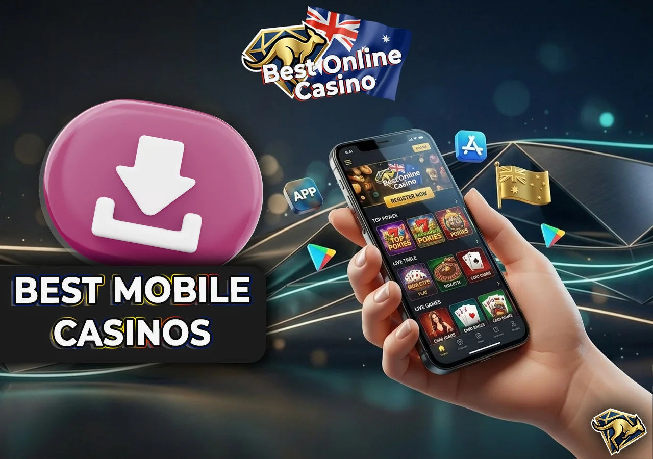 3D hand holding a smartphone showing a modern online casino app.